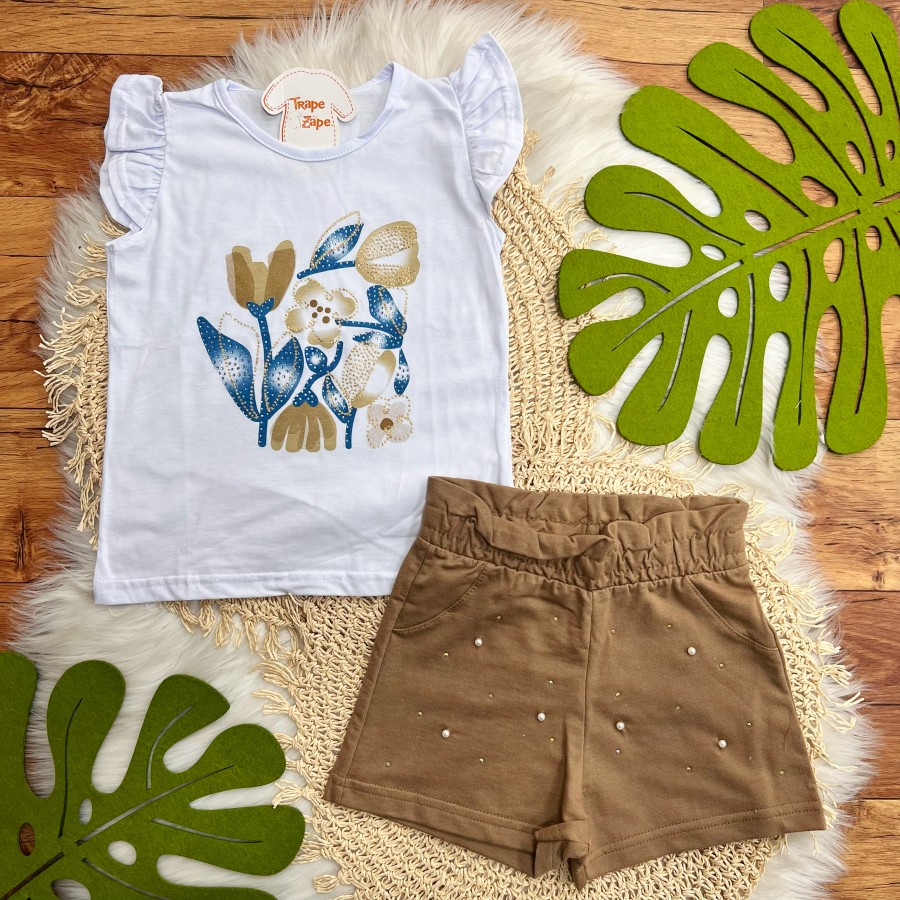 Conj. Blusa Flores e Short com Strass - Branco e Azul
